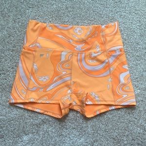 Bright Orange & white fabletics PureLuxe high rise short shorts